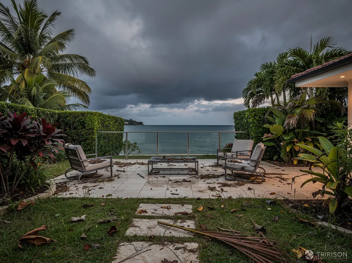 Before: storm debris across the patio under dark clouds