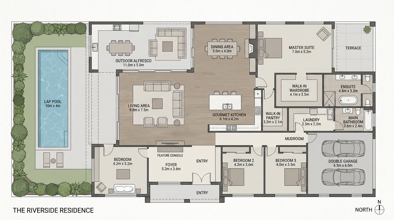 Example floor plan showing an open-plan living, dining and kitchen area, master suite with walk-in wardrobe and ensuite, three additional bedrooms, bathroom, laundry, foyer and double garage